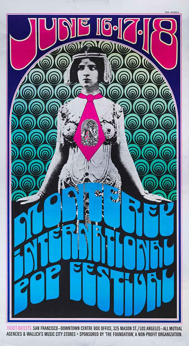 Vintage poster for the Monterey International Pop Festival featuring a young woman dressed in beads in front of a psychedelic background.